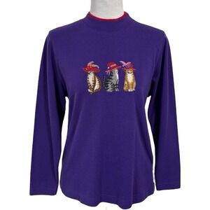 Vintage Cat Lady Mock Neck Sweatshirt Top Size M Crop Purple Red Hat Society 90s